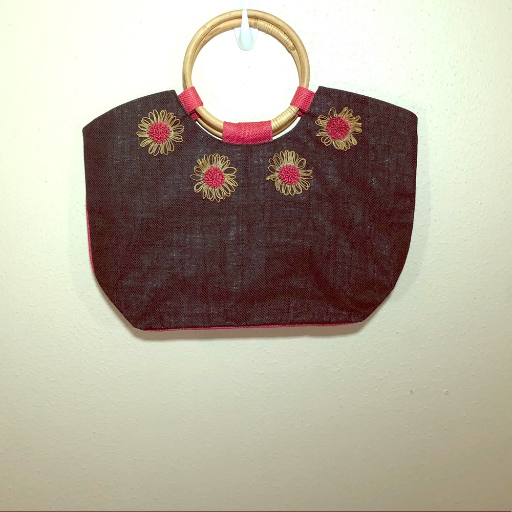 Black Floral Straw Tote